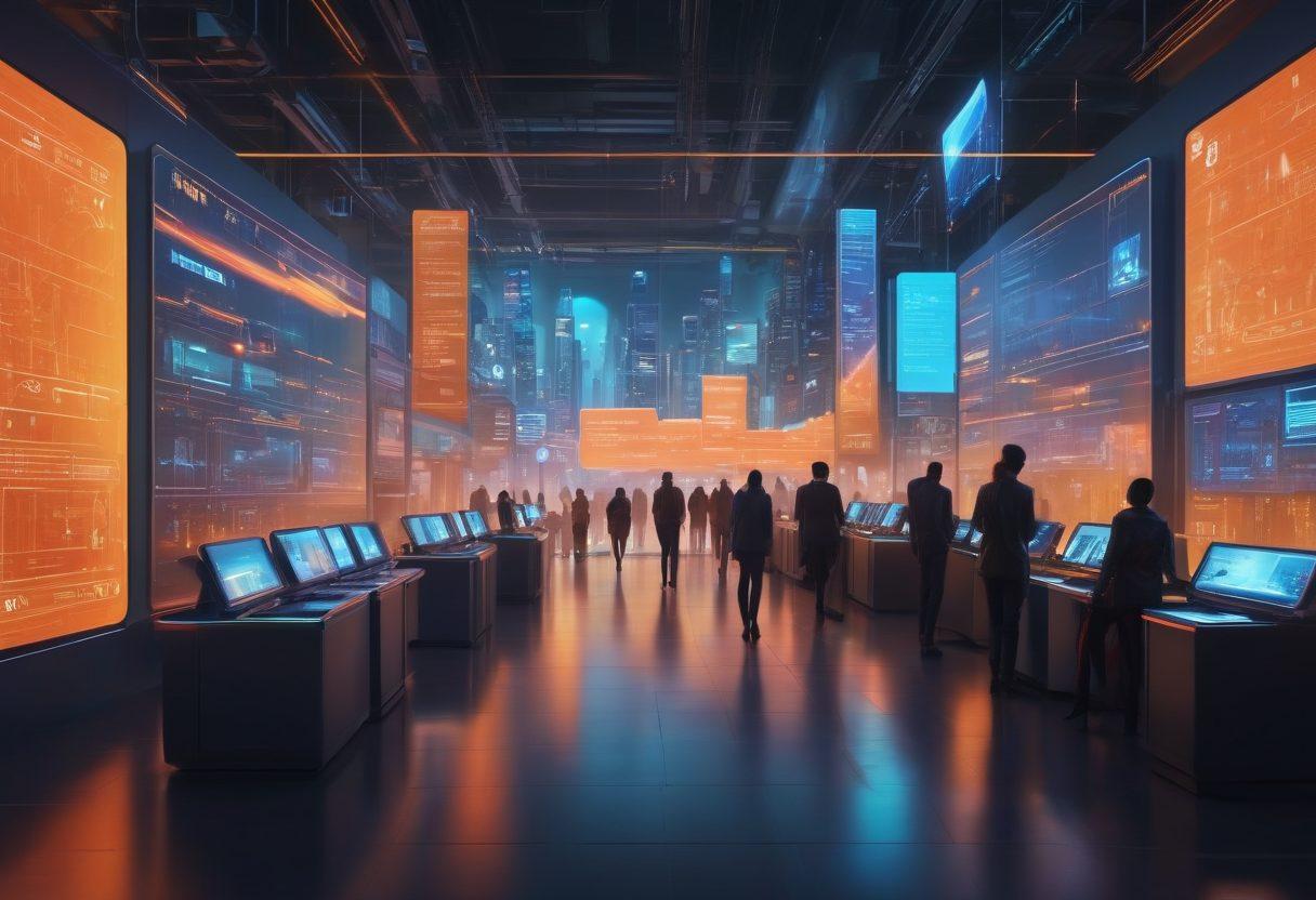 A futuristic digital landscape with a diverse group of people using advanced devices to make online transactions safely. Incorporate visible security elements like shields and padlocks, with holographic graphs showing growth in digital commerce. Blend warm and cool colors to symbolize trust and innovation. super-realistic. vibrant colors. cyberpunk style.